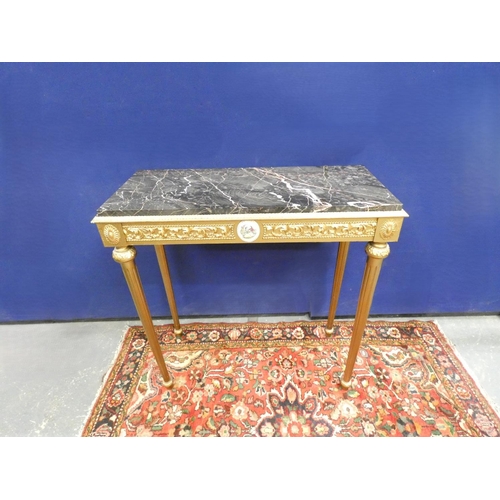 429 - Contemporary marble topped hall table with moulded gilt frieze with central porcelain panels, raised... 