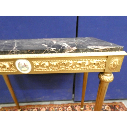 429 - Contemporary marble topped hall table with moulded gilt frieze with central porcelain panels, raised... 