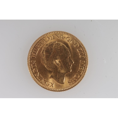 1312 - NETHERLANDS Queen Wilhelmina (1890-1948) gold ten gulden 1925, 6.7g.