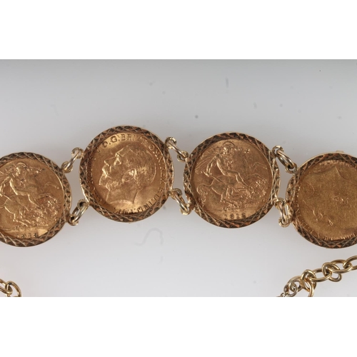 1322 - Coin art jewellery, a 9ct gold bracelet with four half sovereigns including UNITED KINGDOM King Edwa... 