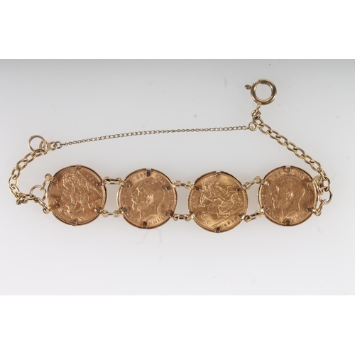 1322 - Coin art jewellery, a 9ct gold bracelet with four half sovereigns including UNITED KINGDOM King Edwa... 