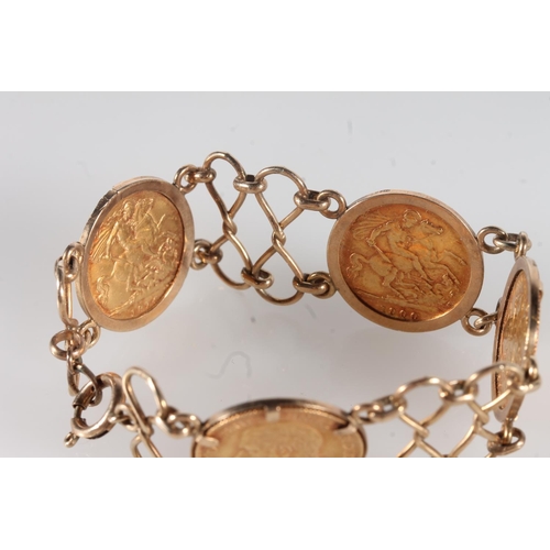 1323 - Coin art jewellery, a 9ct gold bracelet with four half sovereigns including UNITED KINGDOM Queen Vic... 