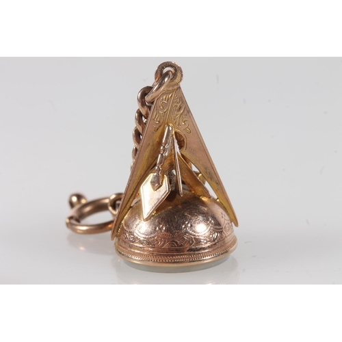 1345 - 9ct gold mounted Masonic fob decorated with Masonic symbols including square, trowel, tablet and gav... 