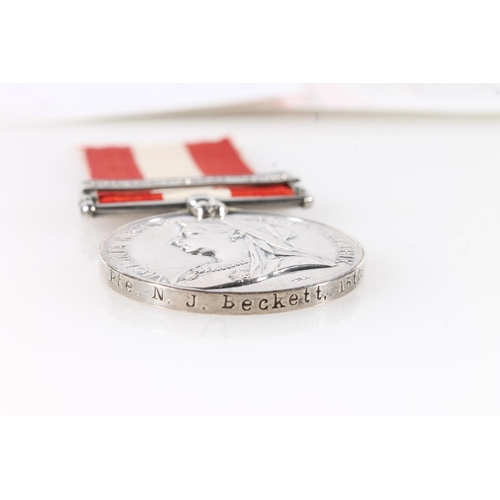 1388 - Medal of Private N J Beckett of the 15th Battalion comprising Canadian General Service medal with 'F... 