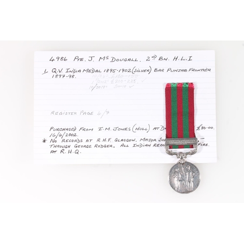 1393 - Medal of 4986 Private J McDougall of the 2nd Battalion Highland Light Infantry comprising India meda... 