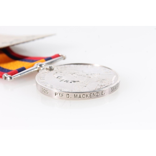 1397 - Medal of 925 Private D Mackenzie of the Seaforth Highlanders comprising Boer War (Mediterranean Garr... 