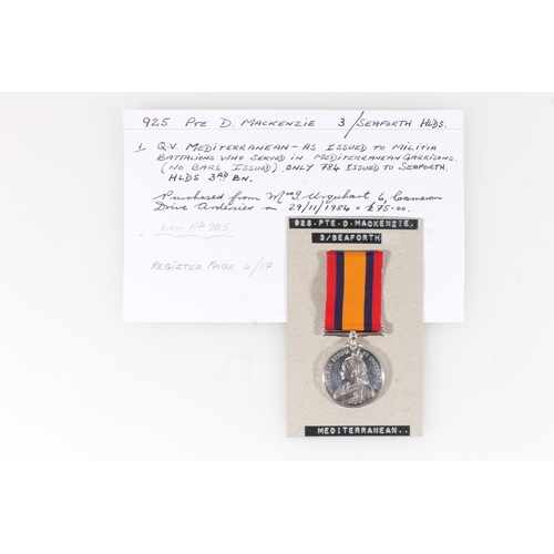 1397 - Medal of 925 Private D Mackenzie of the Seaforth Highlanders comprising Boer War (Mediterranean Garr... 