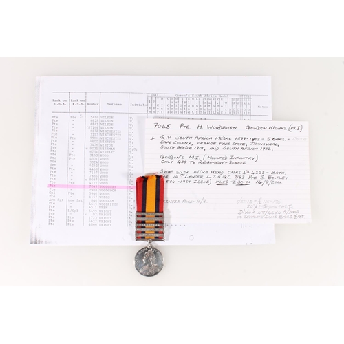 1399 - Medal of 7045 Private H Woodburn of the Gordon Highlanders Mounted Infantry comprising Boer War Quee... 