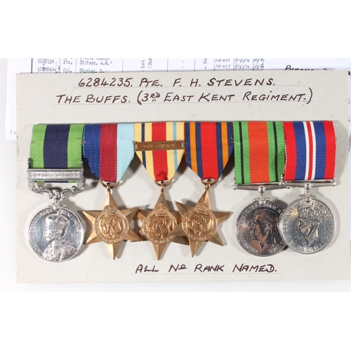 1402 - Medals of 6284235 Private F H Stevens of the 3rd East Kent Regiment The Buffs comprising George V In... 