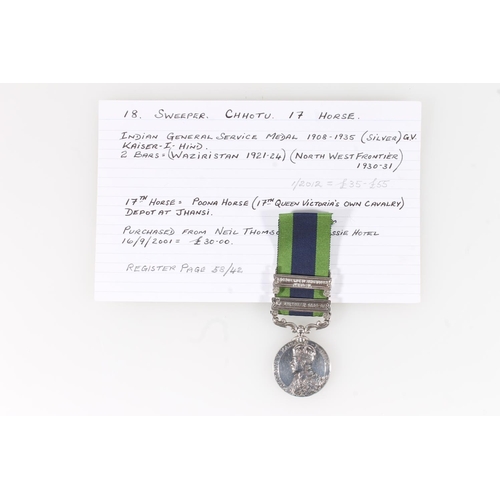 1403 - Medal of 18 Sweeper Chhotu of the Poona Horse (17th Queen Victoria's Own Cavalry) comprising Indian ... 