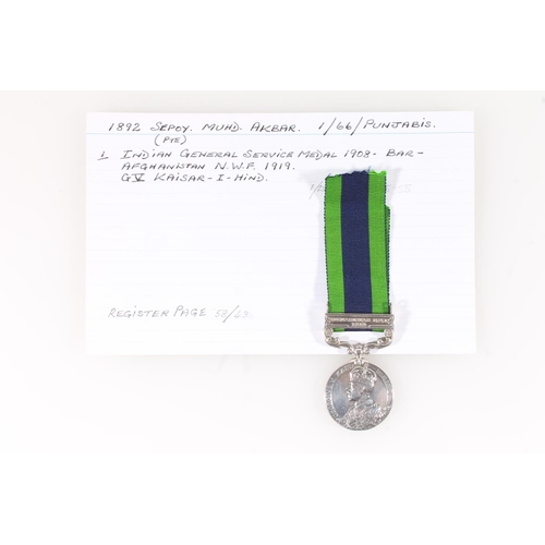 1404 - Medal of 1892 Sepoy Muhamad Akbar of the 1/66 Punjabis comprising India General Service medal with A... 