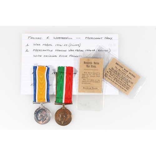 1407 - Medals of Seaman Thomas R Weatherill of the Merchant Navy comprising WWI war medal and Mercantile Ma... 