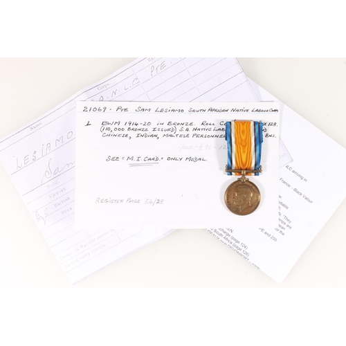 1409 - Medal of 21069 Private Sam Lesiamo of the South African Native Labour Corps comprising a WWI war med... 