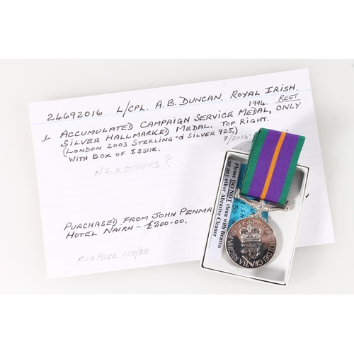 1413 - Medal of 24692016 Lance Corporal A B Duncan of the Royal Irish Regiment comprising Elizabeth II Accu... 