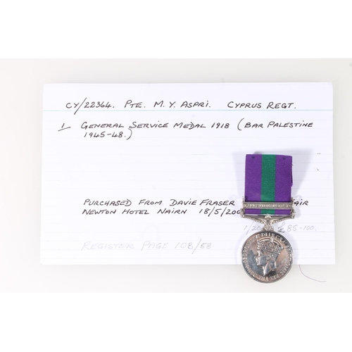 1421 - Medal of CY22364 Private M Y Aspri of the Cyprus Regiment comprising George VI General Service medal... 