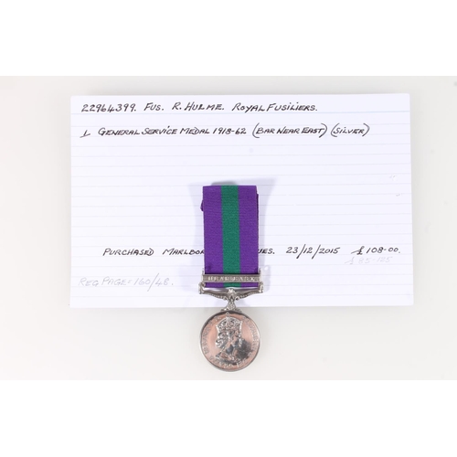 1423 - Medal of 22964399 Fusilier R Hulme of the Royal Fusiliers comprising Elizabeth II General Service me... 