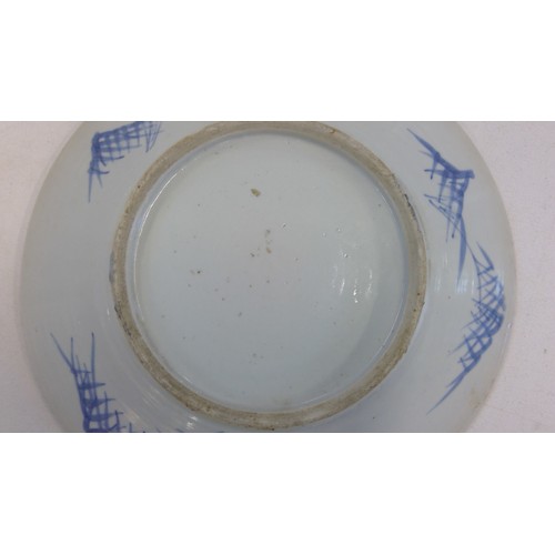 532 - Chinese blue and white porcelain dragon plate, late Qing period, the five clawed dragon amongst clou... 