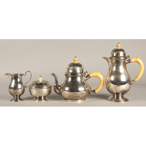 159 - Four piece silver tea service comprising of teapot coffee pot, sugar basin and cream jug with ivory ... 