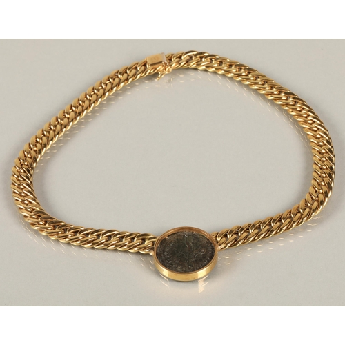 64 - Continental 18ct gold necklace mounted with ancient coin stamped 750, total weight 56g.