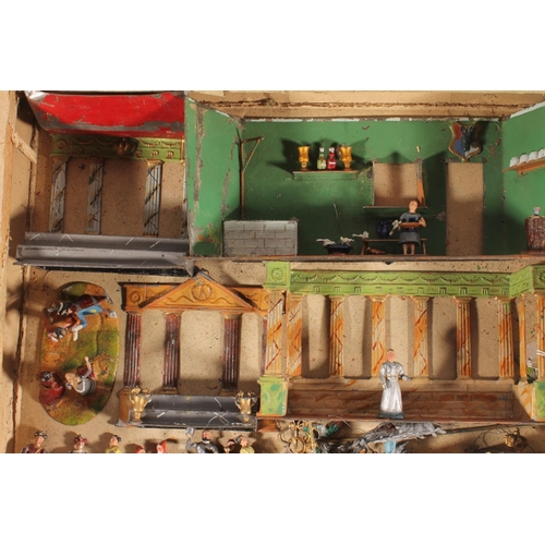 1048 - Early painted metal figures and stage play sets to include washhouse interior, Roman theatre columns... 