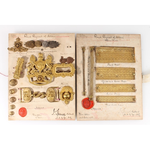 1428 - Two boards of War Office approved specimen insignia of the Royal Regiment of Artillery including Hel... 