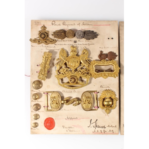 1428 - Two boards of War Office approved specimen insignia of the Royal Regiment of Artillery including Hel... 