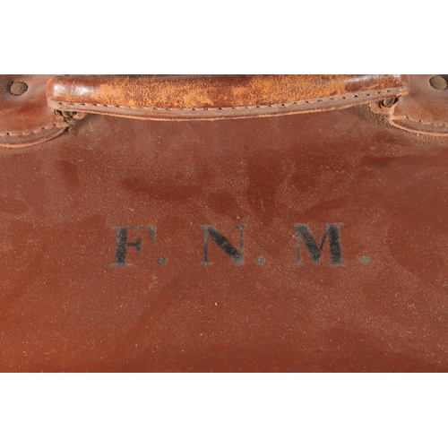 1455 - Brown leather hat case bearing the initials 'FNM' for Lieutenant General Sir Frank Noel Mason MacFar... 