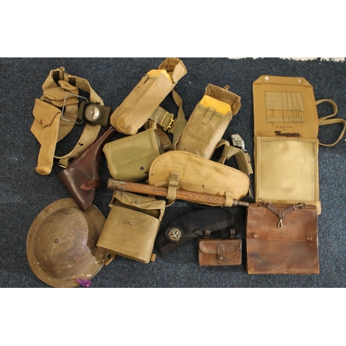 1465 - British army broadie type helmet, a Boys Brigade beret, a brown leather pistol holster, a brown leat... 