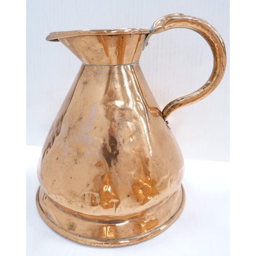 3 - Three antique copper measuring jugs of conical shape comprising a two-gallon jug, stamped 'ER', and ... 