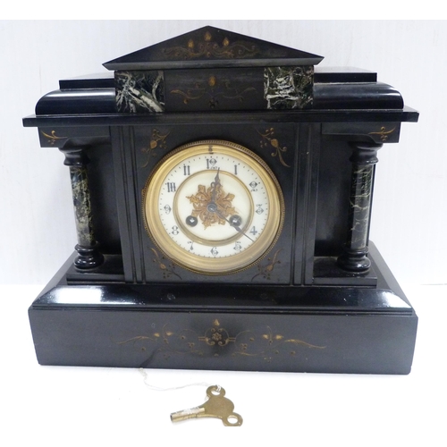 5 - Victorian black slate and marble mantel clock of architectural form, with marble column pillars, twi... 