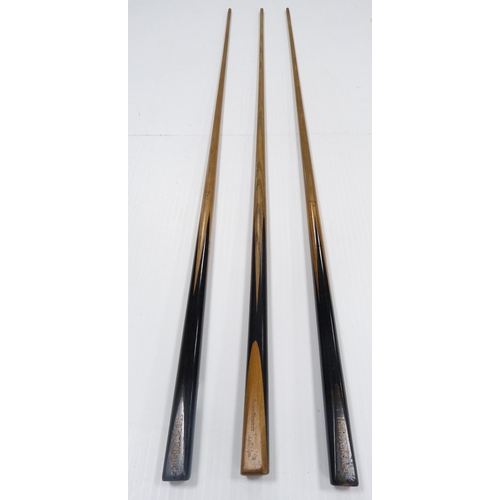 8 - Snooker & Billiards Interest - Three ebony and ash single-piece cues, one endorsed by Joseph Ben... 