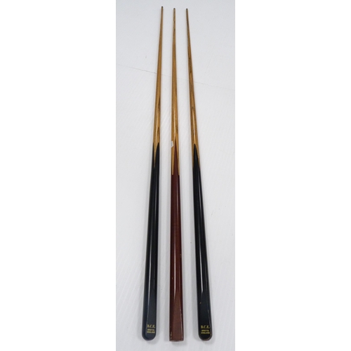 9 - Snooker & Billiards Interest - Two ebony and ash single-piece cues by BCE of Bristol, and anothe... 