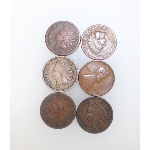 1264 - UNITED STATES OF AMERICA Indian head cents 1862, 1880, 1883, 1888 and 1891, etc. CANADA Bank of Uppe... 