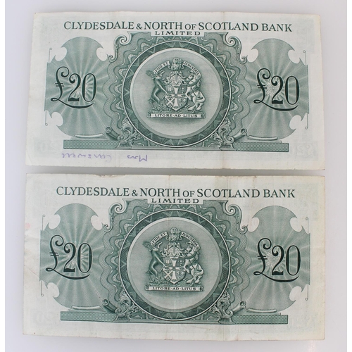 1278 - THE CLYDESDALE AND NORTH OF SCOTLAND BANK LIMITED, two twenty pound £20 banknotes 2nd May 1951... 