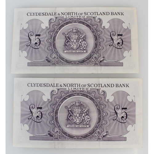 1279 - THE CLYDESDALE AND NORTH OF SCOTLAND BANK LIMITED, a consecutive pair of five pound £5 banknot... 