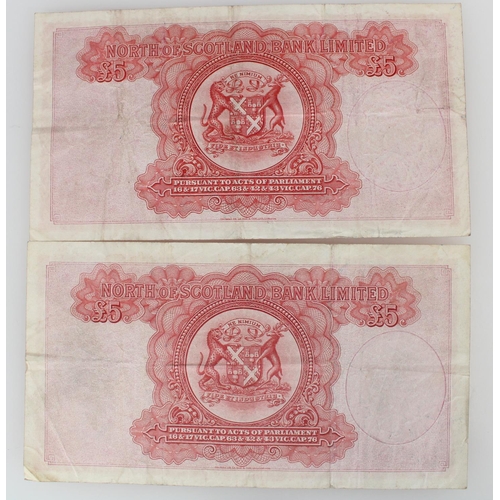 1281 - NORTH OF SCOTLAND BANK LIMITED, two five pound £5 banknotes 1st July 1949, Webster, EE030229 a... 