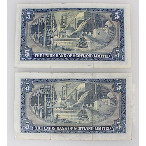 1287 - THE UNION BANK OF SCOTLAND LIMITED, two five pound banknotes 17th July 1950, Morrison, A337/078 and ... 