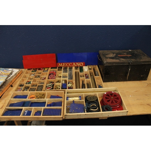 1078 - Meccano, a japanned black metal box with Meccano plaque to the lid having five wooden liftout trays ... 