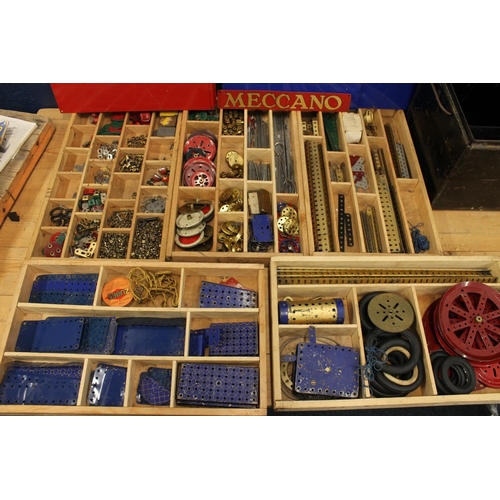 1078 - Meccano, a japanned black metal box with Meccano plaque to the lid having five wooden liftout trays ... 