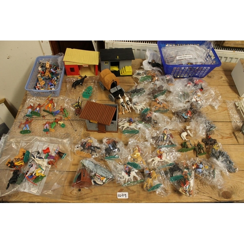 1079 - Group of Timpo Toys Cowboys and Indians plastic figures including Jail, Gunsmith Store and Saloon, a... 