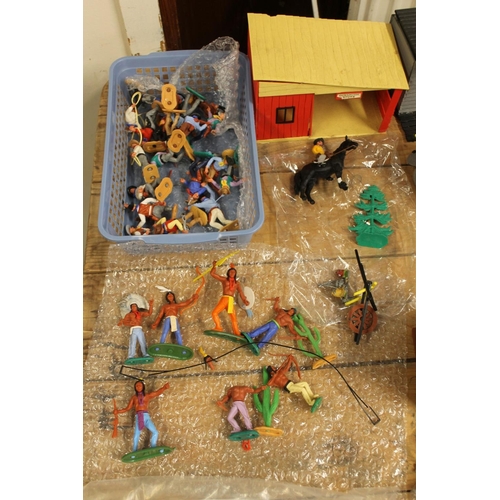 1079 - Group of Timpo Toys Cowboys and Indians plastic figures including Jail, Gunsmith Store and Saloon, a... 