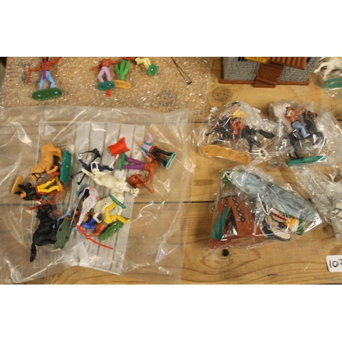 1079 - Group of Timpo Toys Cowboys and Indians plastic figures including Jail, Gunsmith Store and Saloon, a... 