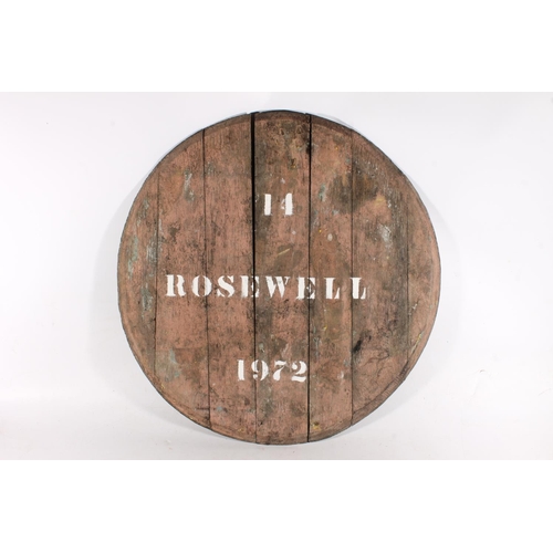 1101 - Whisky cask end '14 Rosewell 1972', 60cm diameter.