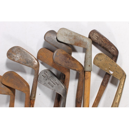 1160 - Eleven old hickory shafted golf clubs including Forrester of Elie and Earlsferry Gem putter, A Compt... 