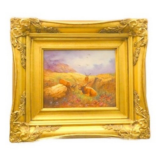 52 - Peter GoslingLandscape of cattleCeramic plaque in gilt frame.W.19.5cm x L.24cm