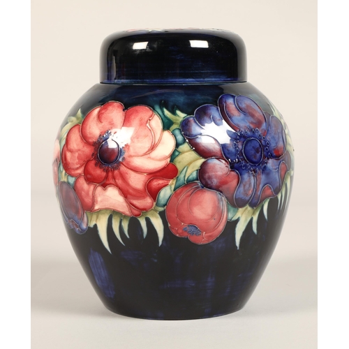 6 - Moorcroft pottery ginger jar with cover, blue ground with tube-lines stylised flowers, impressed mar... 