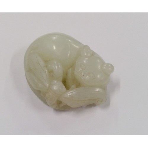 528 - Chinese Jade carved model of a cat, in pale Celadon colour, the recumbent cat with dragonfly on a le... 