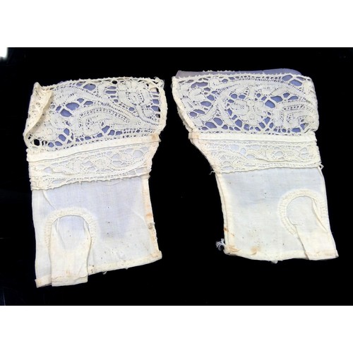 503 - Pair of 17th century lace mittens, with note dating them to the reign of Charles 1st, and another pa... 