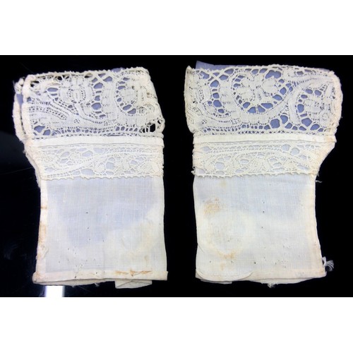 503 - Pair of 17th century lace mittens, with note dating them to the reign of Charles 1st, and another pa... 