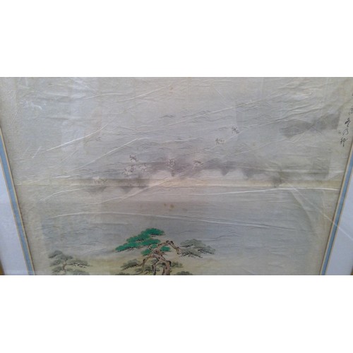 548 - Large framed scroll painting of a landscape, depicting two ancient pine trees growing beside water w... 